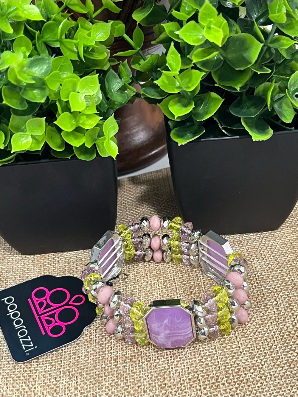 paparazzi Pink and Lime Multi-Row Gem Stretch Bracelet